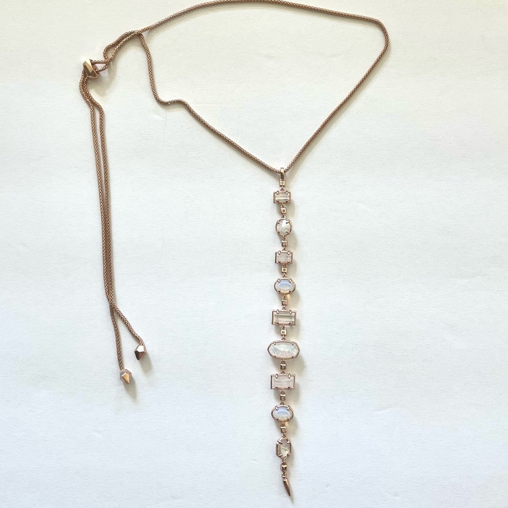 KENDRA SCOTT Lariat Y Necklace in Rose Gold tone with crystals and drusy stones